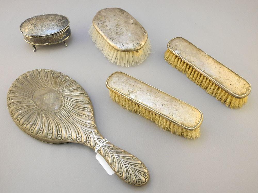3 Sterling Brushes with Hallmarked Mirror & Footed Box, Mirror Glass Missing TW490gr. (1 of 2)