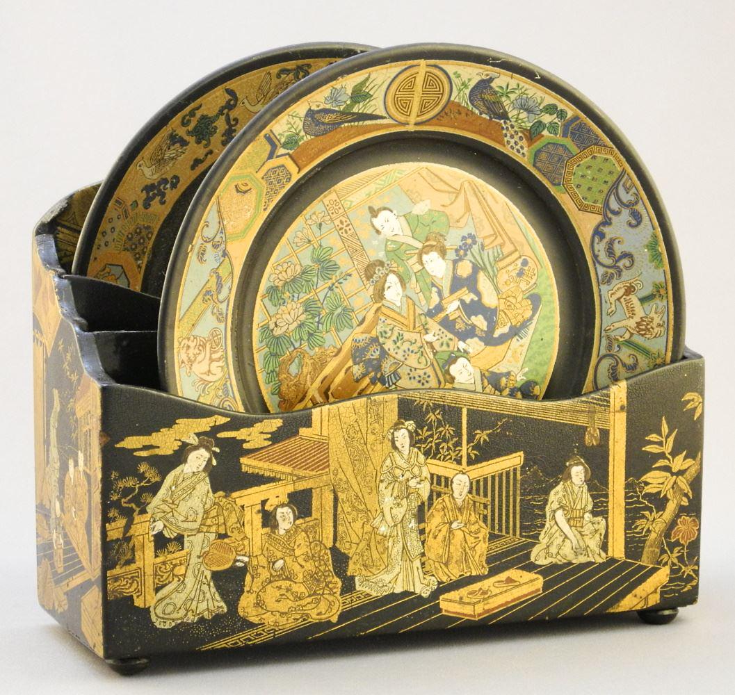 3 Pieces of Chinoiserie Papier Mache: Stationery Box & 2 Dishes, 6 7/8" Diameter. (1 of 4)