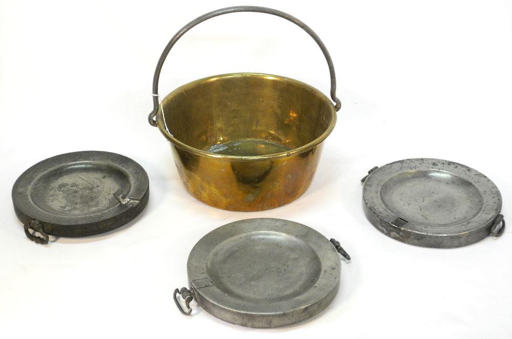3 Pewter Warming Dishes & A Glass Cauldron, 13"H. (1 of 4)