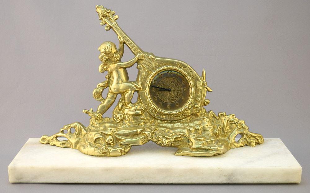 Brass & Marble Table Clock, 13" Wide. (1 of 2)