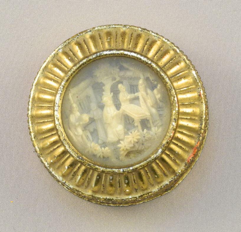 Old Chinese Carved Ivory Diorama (1 3/4") in Glazed Case.: Old Chinese Carved Ivory Diorama (1 3/4") in Glazed Case.