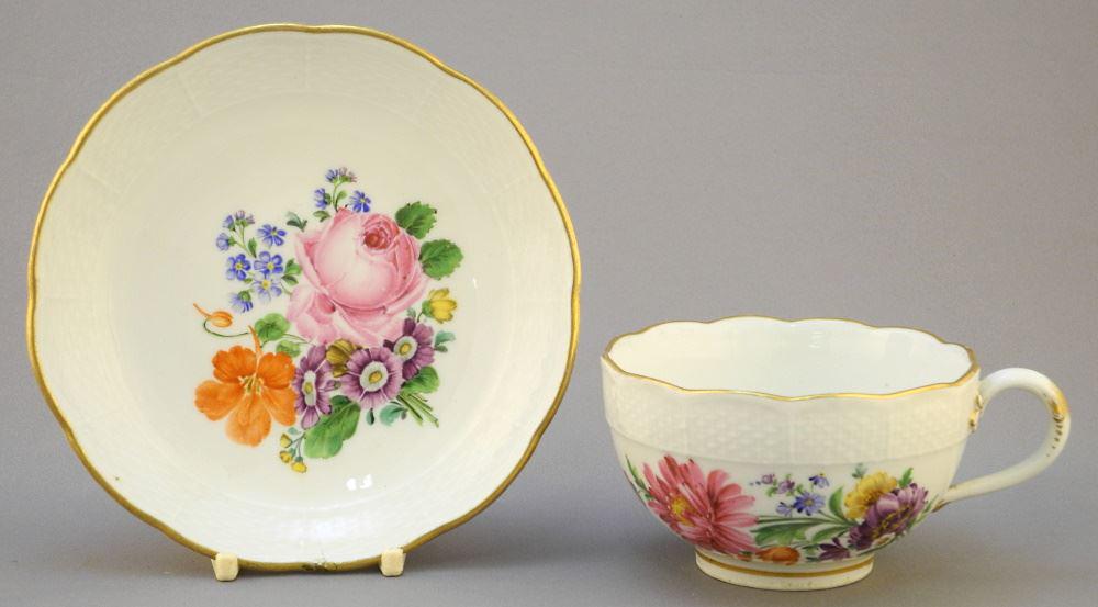 Meissen Porcelain Tea Cup & Saucer, Hairline Crack Noted.: Meissen Porcelain Tea Cup & Saucer, Hairline Crack Noted.