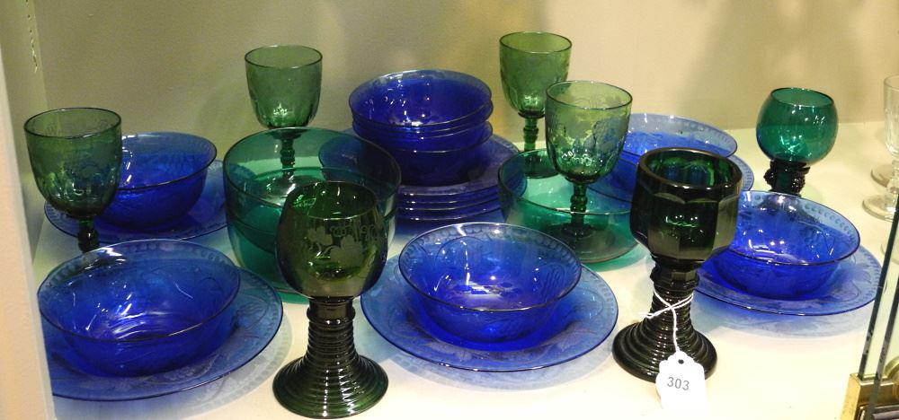 Collection of Antique Blue & Green Glass Table Wares: Bowls/ Plates/ Stem Cups, (1 of 1)
