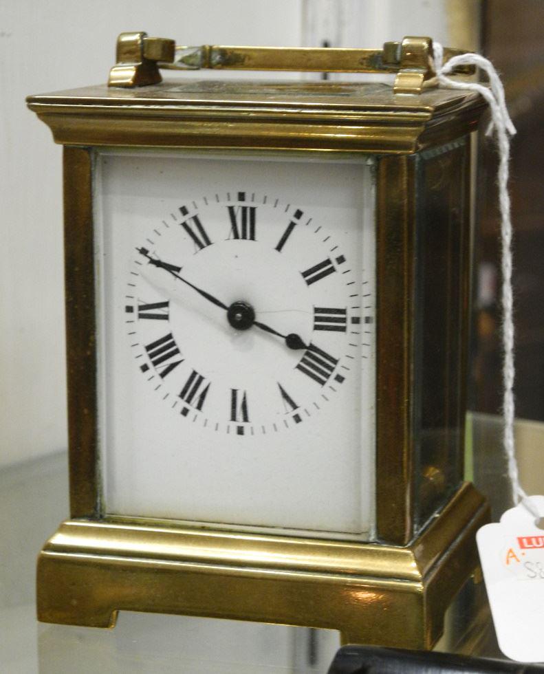 Brass Carriage Clock with 2 Keys, 4" High, Small Glass Chip Noted. (1 of 1)