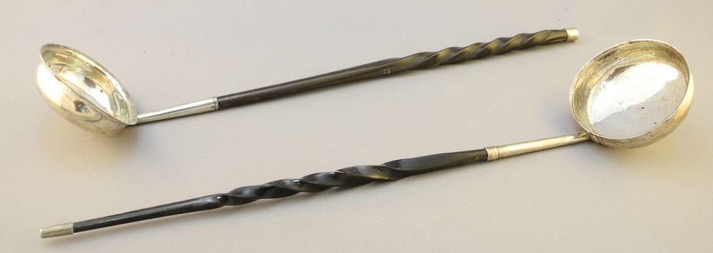 2 18th Century Silver Toddy Ladles, 1 marked/ 1 monogrammed, 13 3/8 & 13 1/2" Long (1 of 3)
