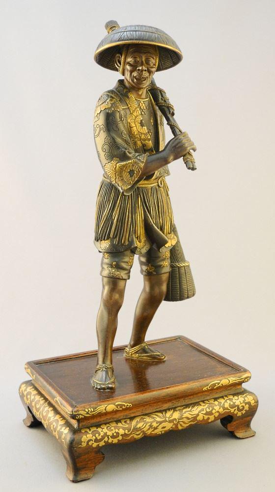 Japanese Bronze Figure on Stand Signed Cartouche, 13" x 6 3/8" x 5 1/4", "Farmer". (1 of 11)