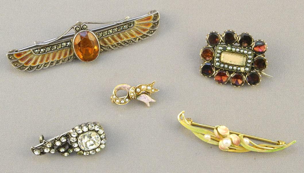 5 Antique Brooches, Plique a Jour / Plated / Seed Pearl / 14K Lily / Paste + Diamond. (1 of 3)