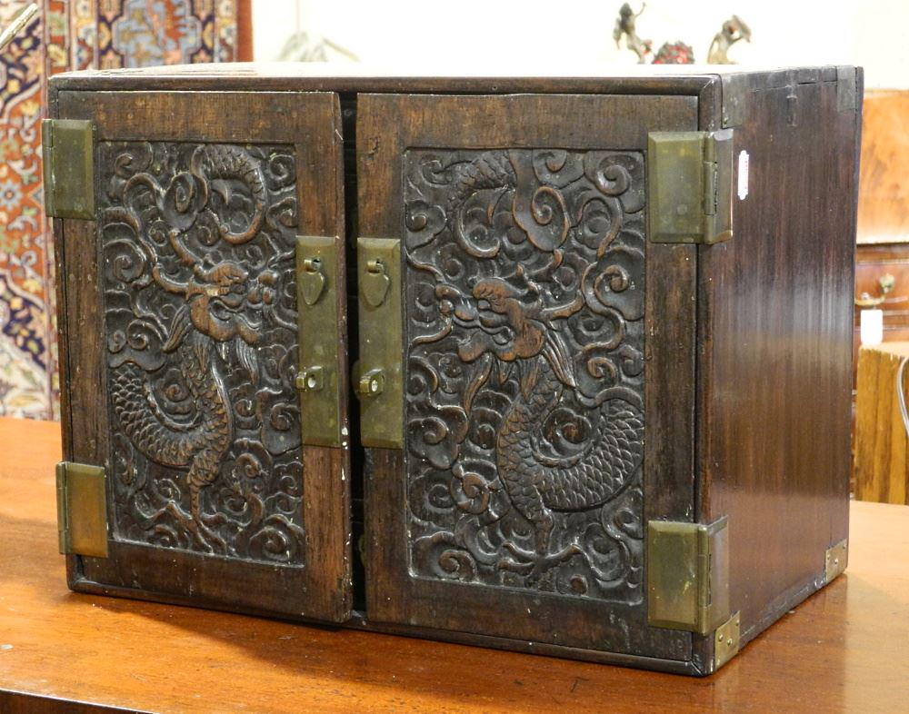 Chinese Rosewood "Dragons" Box, Opens to Reveal Drawers 10 1/2" X 13 3/4" X 9". (1 of 4)