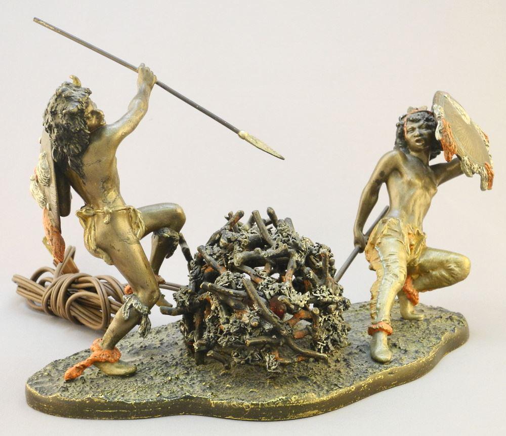 Franz Bergmann Bronze Illuminated Sculpture, Figures Around Fire 7 3/8 x 11 3/4 x 5". (1 of 5)