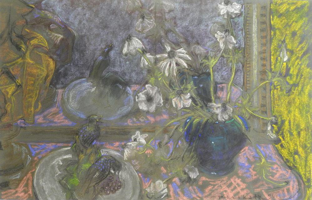 Pastel Signed Joseph Francis Plaskett, 24 1/2" x 39", "Birds With Grapes". (1 of 12)