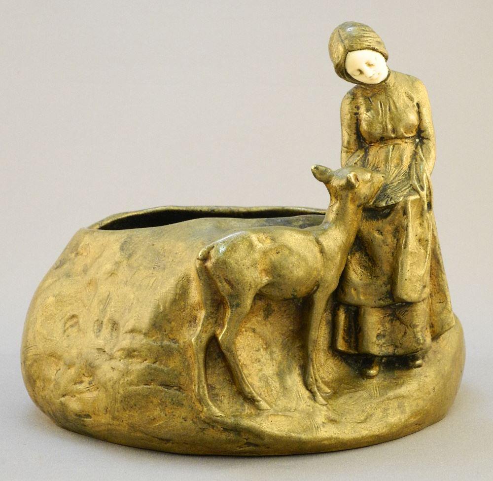 Bronze Bowl Signed P. (Peter) Tereszczuk, "Woman with Deer" 6 1/8" X7"X5 1/4".: Bronze Bowl Signed P. (Peter) Tereszczuk, "Woman with Deer" 6 1/8" X7"X5 1/4".