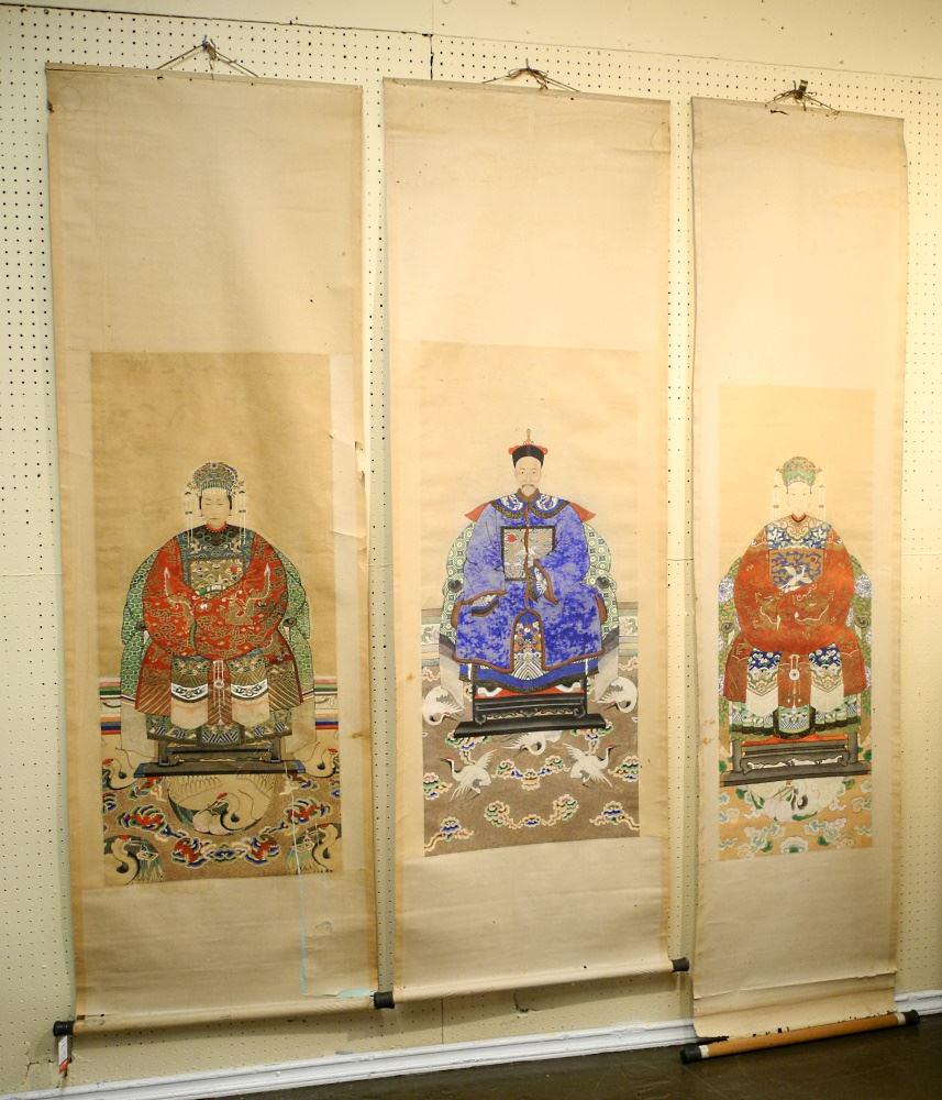 3 Mandarin Subject Ink & Colour Scroll Printings, Approx. 47". (1 of 4)