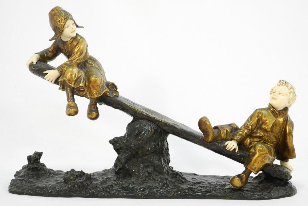 Bronze Figure Signed G. (Giuseppe) D'Aste, Dutch Children & See-Saw 11 1/2 x 17 1/2 x 5". (1 of 8)