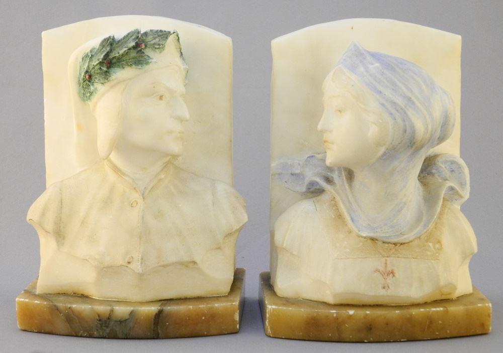 Pair of Italian "Dante & Beatrice" Carved Marble Bookends, 6 5/8"X4 3/4"X3 1/2" Each. (1 of 6)