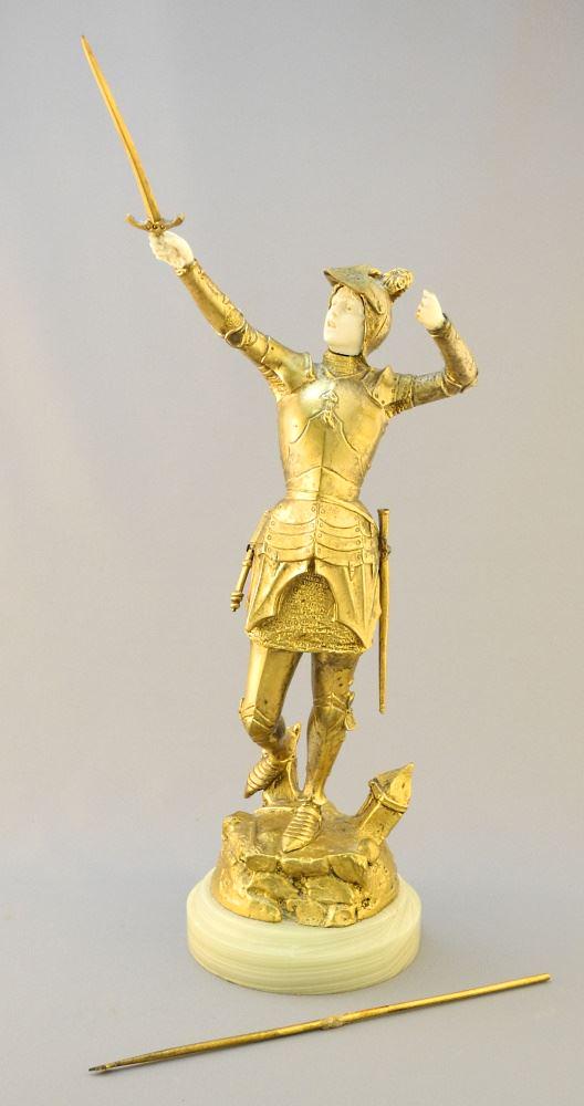 Chryselephantine Statue Signed (A.P. L.) Quenard, "Joan of Arc" Condition Noted / No Exports / 14 1/: Chryselephantine Statue Signed (A.P. L.) Quenard, "Joan of Arc" Condition Noted / No Exports / 14 1/