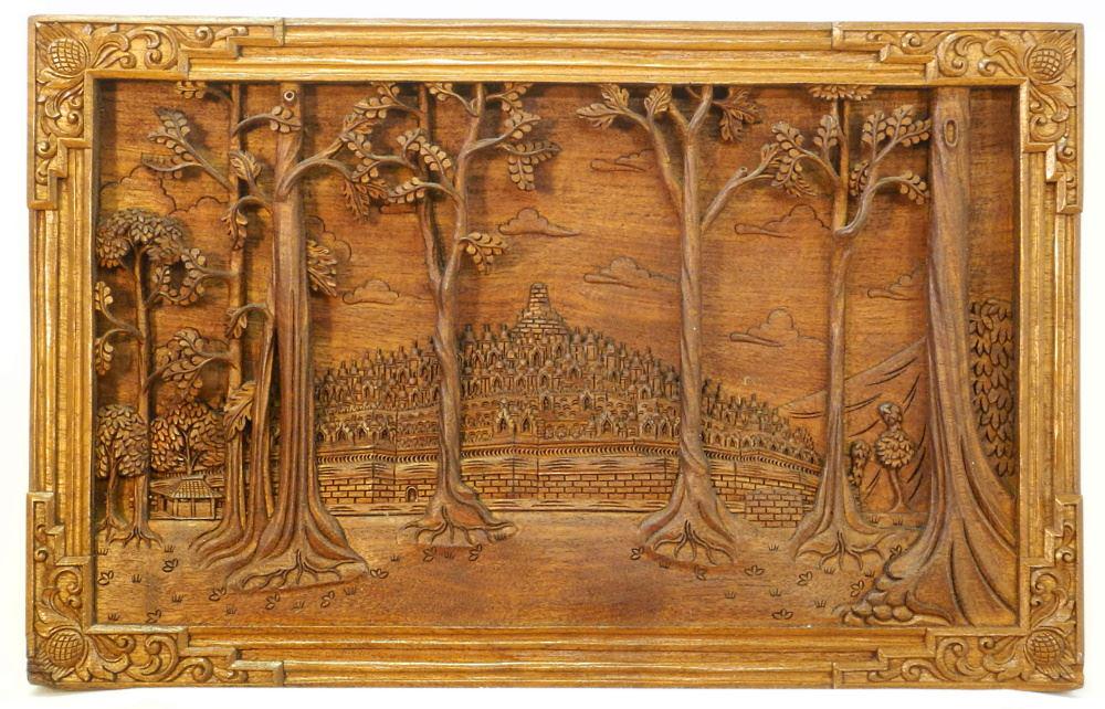 Solid Teak Relief "Temple" Carved Plaque Signed Verso, 16 1/8" X 25 1/2" x 1 1/2".: Solid Teak Relief "Temple" Carved Plaque Signed Verso, 16 1/8" X 25 1/2" x 1 1/2".