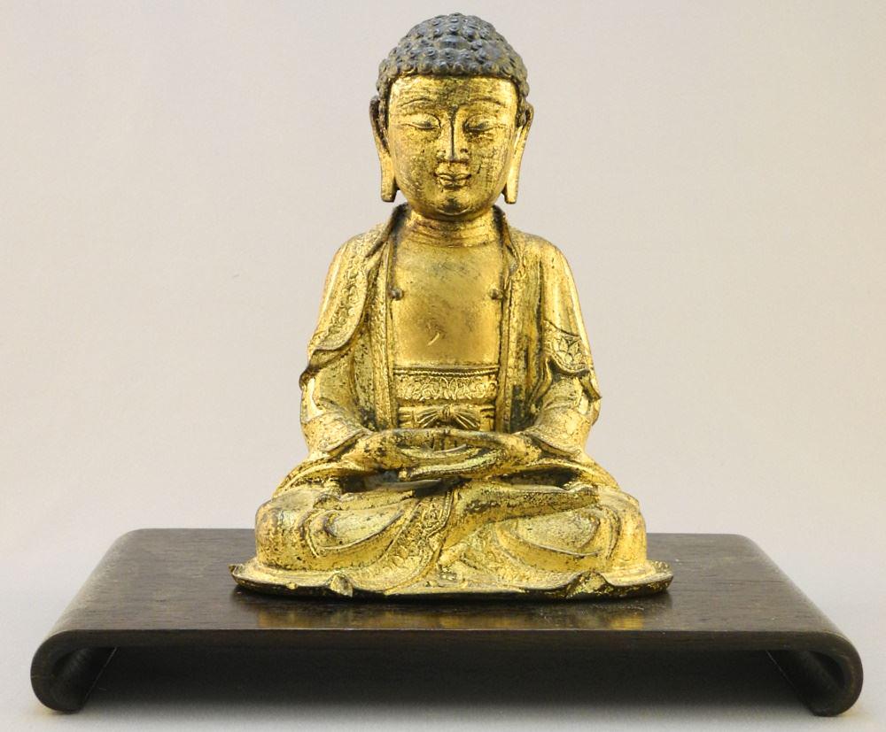 Gilt Cast Iron Figure of the Buddha, 7 1/8" High, lot includes stand (1 of 8)