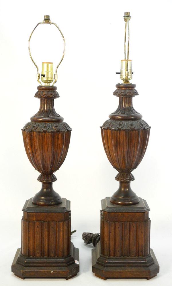 Pair of Carved Rosewood Table Lamps Signed "M. Hayat & Bros. Ltd.", 24 1/2"H. (1 of 8)