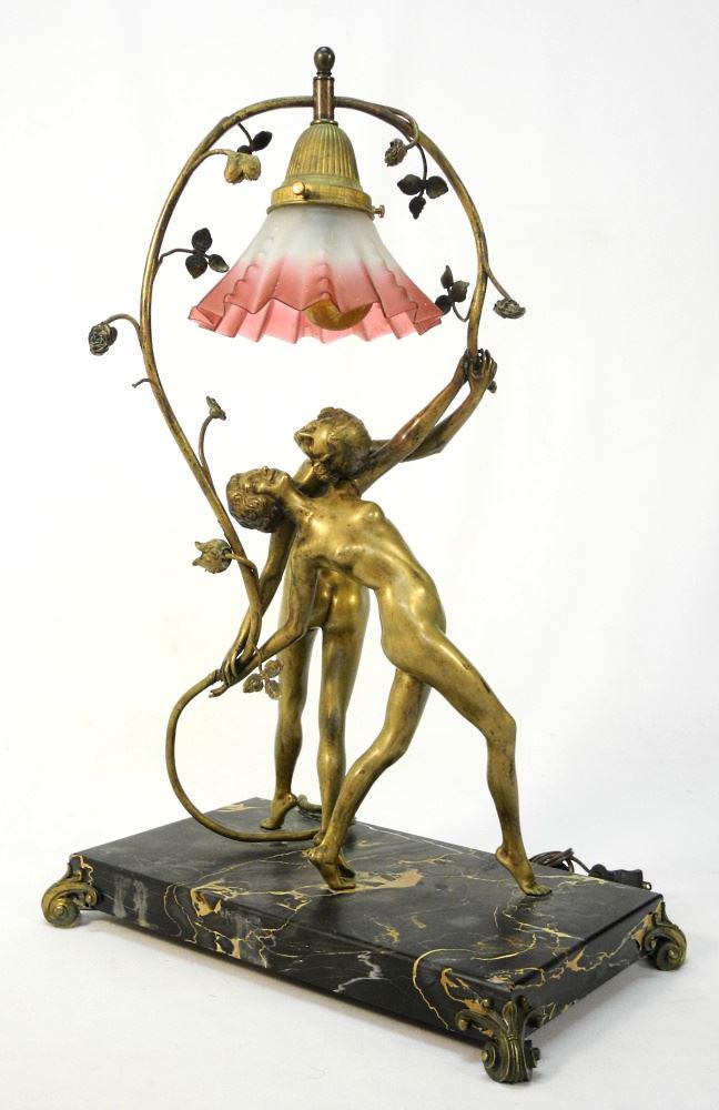 Bronze & Stone Figural Table Lamp, Base Marked "France" 22 1/4" x 15" x 8 3/4". (1 of 14)