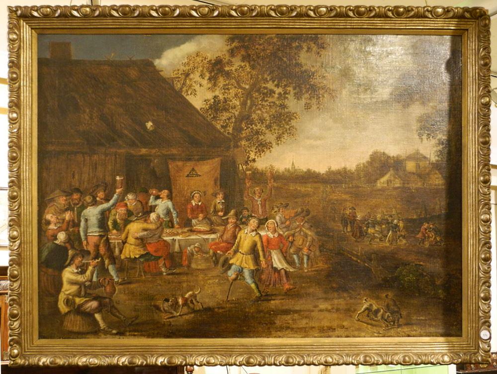 Antique Oil on Canvas Unsigned, 40 1/2" X 56 1/2", "Wedding Scene". (1 of 4)