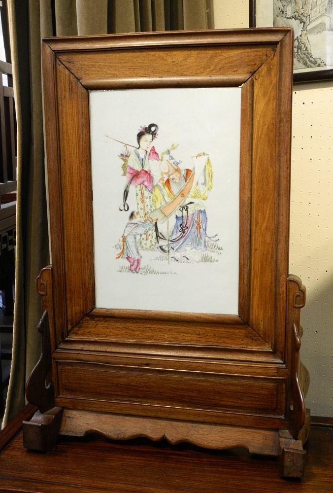 19th Century Rosewood & Famille Porcelain Table Screen, 28 7/8" X 19 3/4" X 7". (1 of 8)