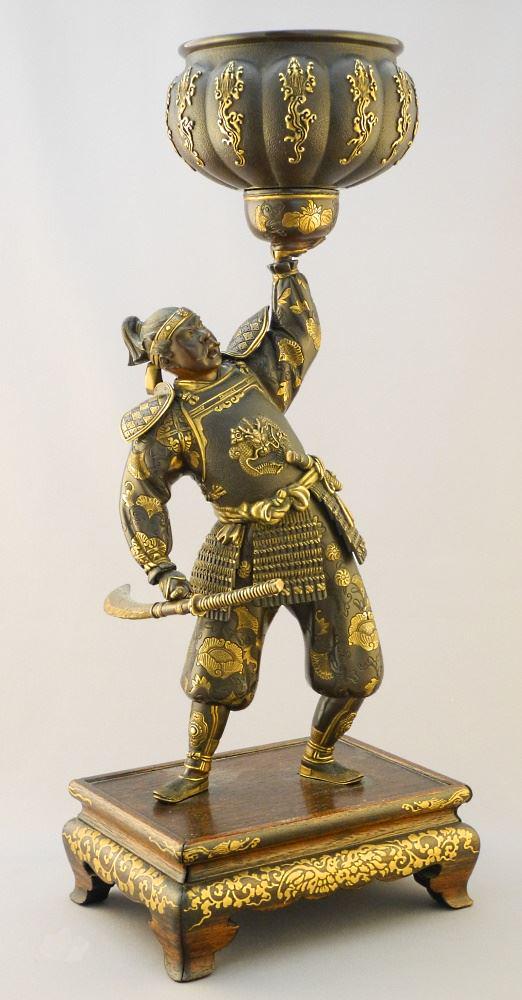 Japanese Bronze Figure on Stand Signed Cartouche, Samurai Vessel, 17 1/4 x 7 1/8 x 6 1/4". (1 of 8)