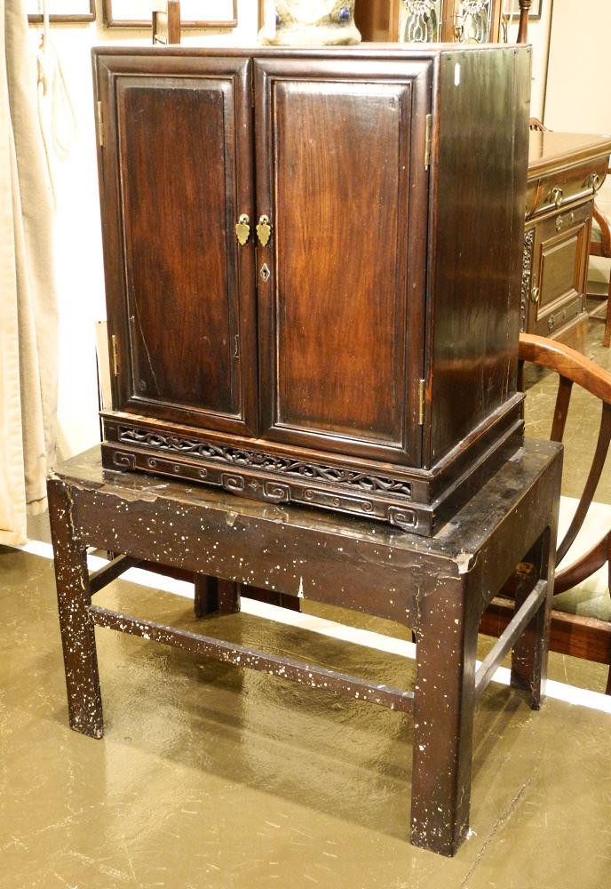 Chinese Rosewood Double Door Cabinet With Two Drawers On Lacquer Stand, Cabinet 21" x 17 1/2" x 12 (1 of 3)