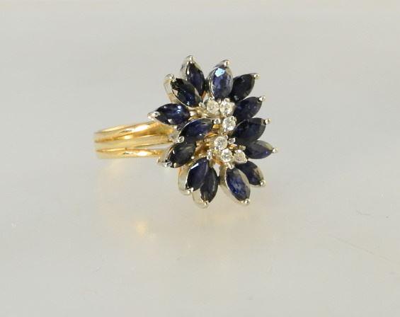 14K (Marked) Yellow Gold Sapphire Diamond Ring, Size 7 5.75 Gr. (1 of 4)