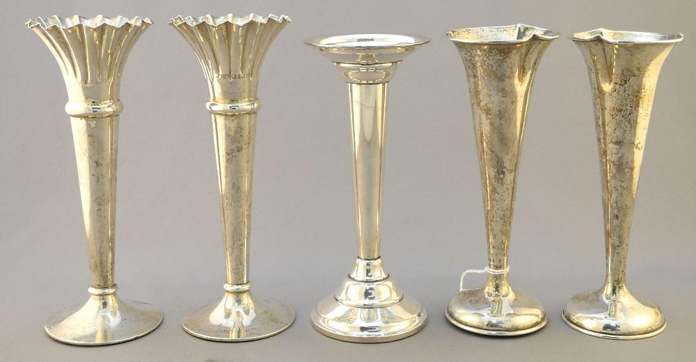 5 Sterling Silver Bud Vases with Weighted Bases, 6 7/8" - 7 3/8" H TW 904 Gr. (1 of 2)