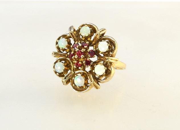 10K (Marked) Yellow Gold, Opal & Ruby Cocktail Ring, Size 4 1/8, TW:8.2 Grams. (1 of 4)
