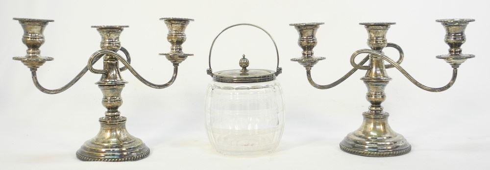 Silver Plate Biscuit Barrel & Pair of Candleabra, 8 1/2"H. (1 of 2)