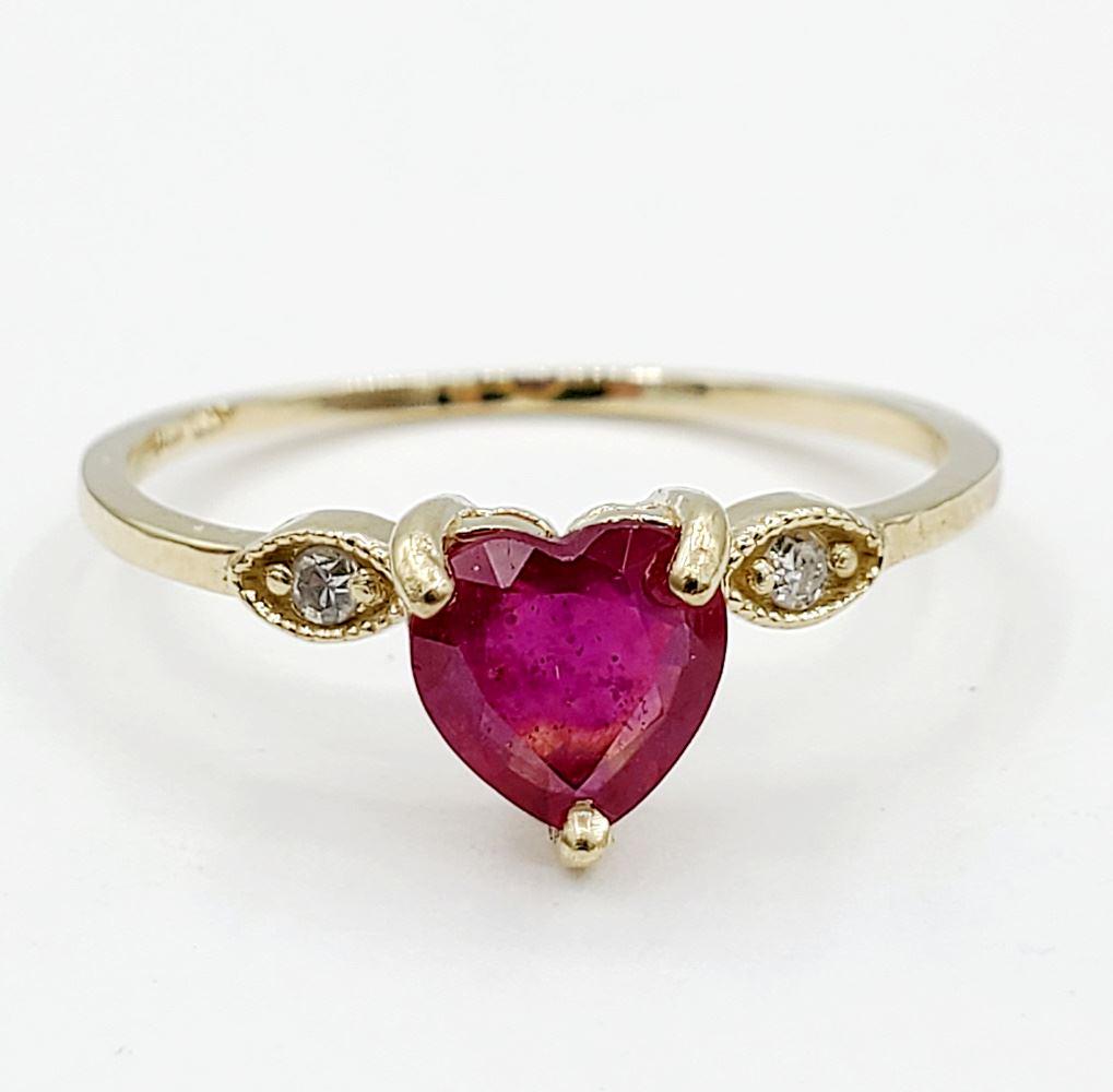 10K Yellow Gold Enhanced Ruby & Diamond Heart Ring, Size 6 3/4. (1 of 5)