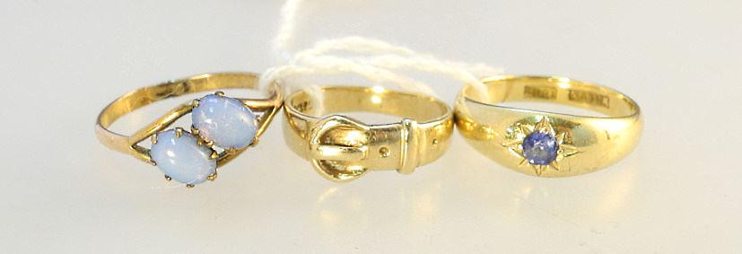 3 Gold Rings; 18K with Blue Stone/ Belt/ Double Opal unmarked.: 3 Gold Rings; 18K with Blue Stone/ Belt/ Double Opal unmarked.