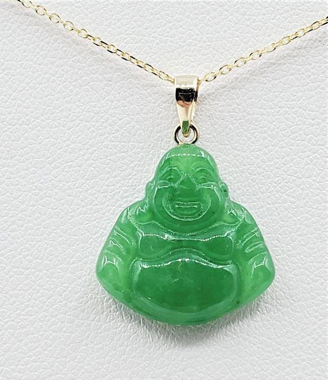 14K Yellow Gold Jadeite "Laughing Buddha" Pendant with Sterling Silver Chain. (1 of 5)
