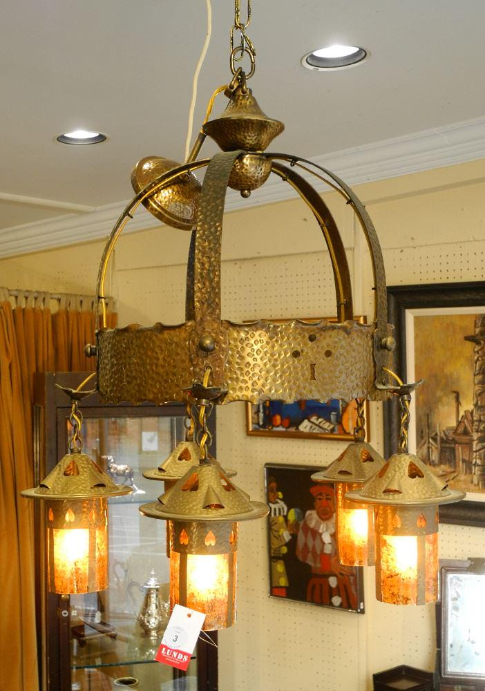 Arts & Crafts Peened Brass Pendant Ceiling Fixture with Mica Shades, 28"X24" Diam. (1 of 5)