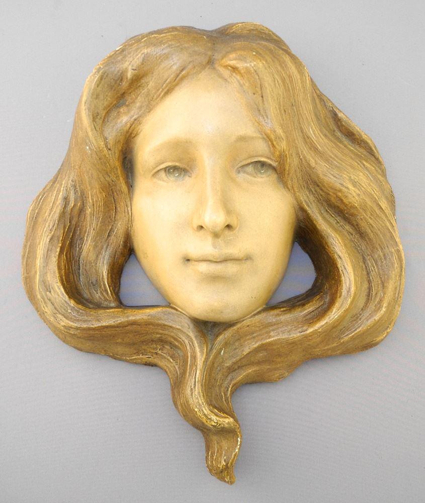 Art Nouveau Wall Mash Signed Friedrich Goldscheider, Chip Noted 12"X10 3/4"X3 3/4".: Art Nouveau Wall Mash Signed Friedrich Goldscheider, Chip Noted 12"X10 3/4"X3 3/4".