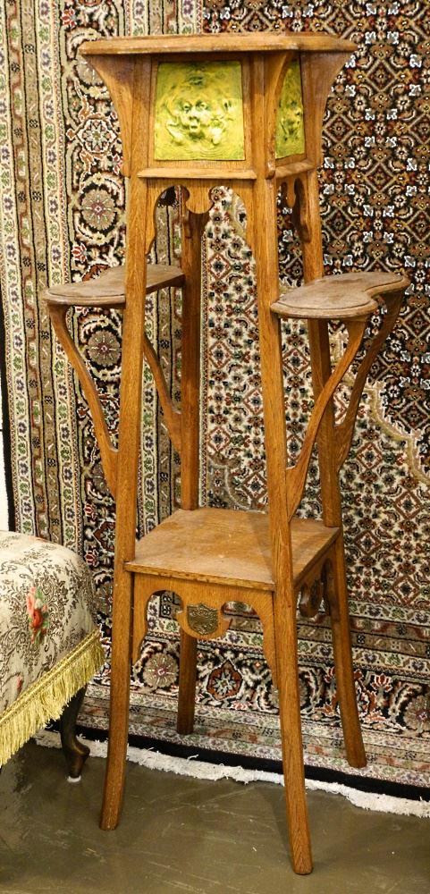Art Nouveau Oak Tiered Plant Stand with Portrait, 43 7/8"H. (1 of 3)