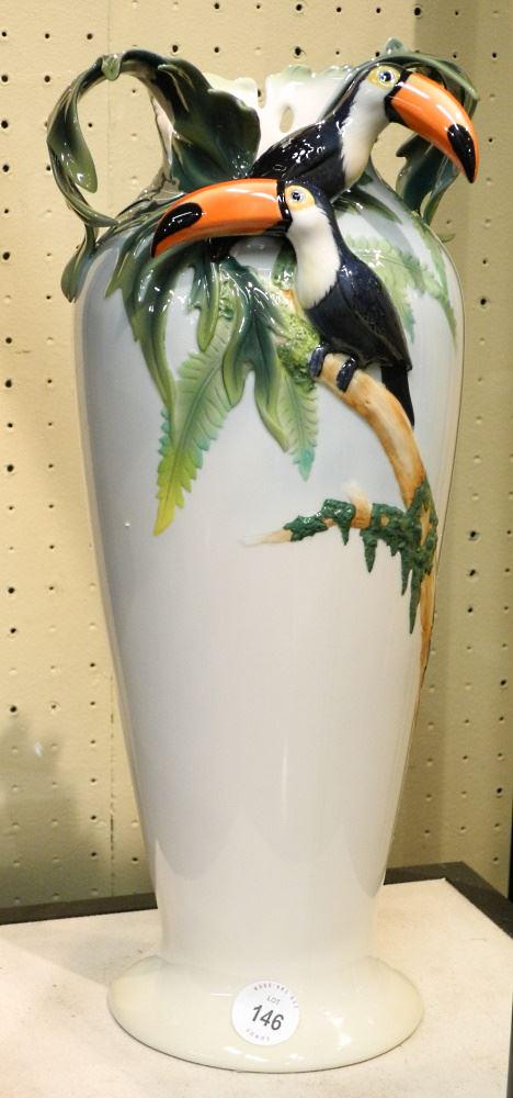 Franz Porcelain "Rain Forest" Parrot Design Vase with Original Box. (1 of 3)
