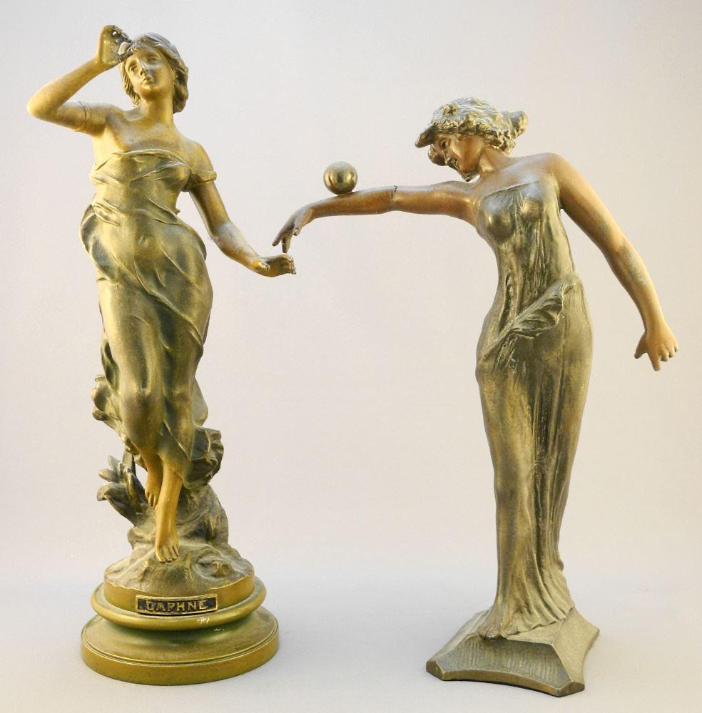 2 Art Nouveau Figural Spelter Sculptures; Daphne 14 1/4" & Girl w Ball 12 1/2". (1 of 5)