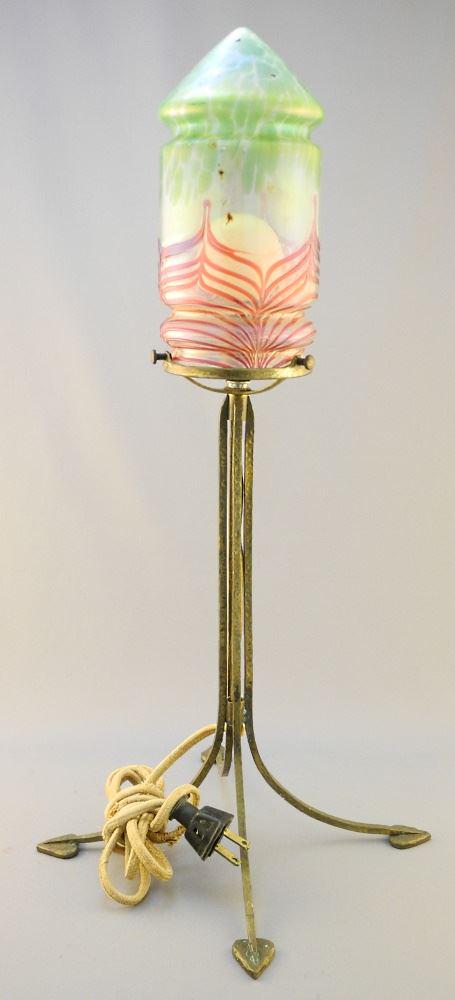 Quattro Columnar Bronze Arts & Crafts Desk Lamp, With Iridescent Feather Shade. (1 of 5)
