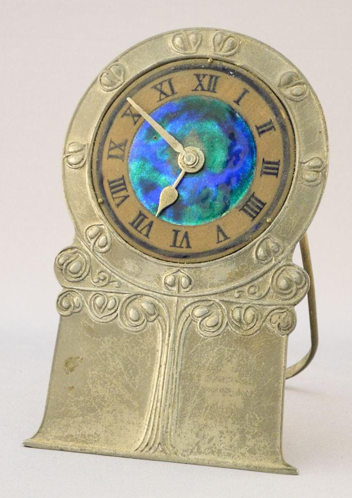 Art Nouveau Enameled Pewter Table Clock, "Made in England / English Pewter" 5 1/2" H 0636. (1 of 2)