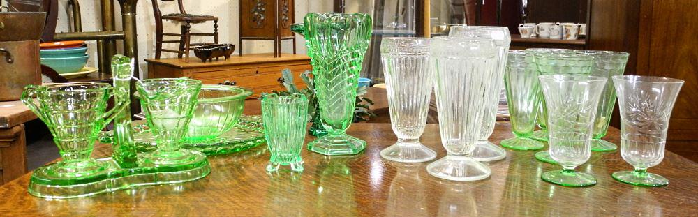 Collection of Green Depression Glass Wares & Clear Glass Wares. (1 of 3)