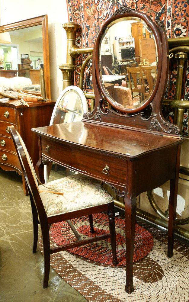 Mahogany Vanity Table with Mirror & Chair,36 1/8"W.: Mahogany Vanity Table with Mirror & Chair,36 1/8"W.