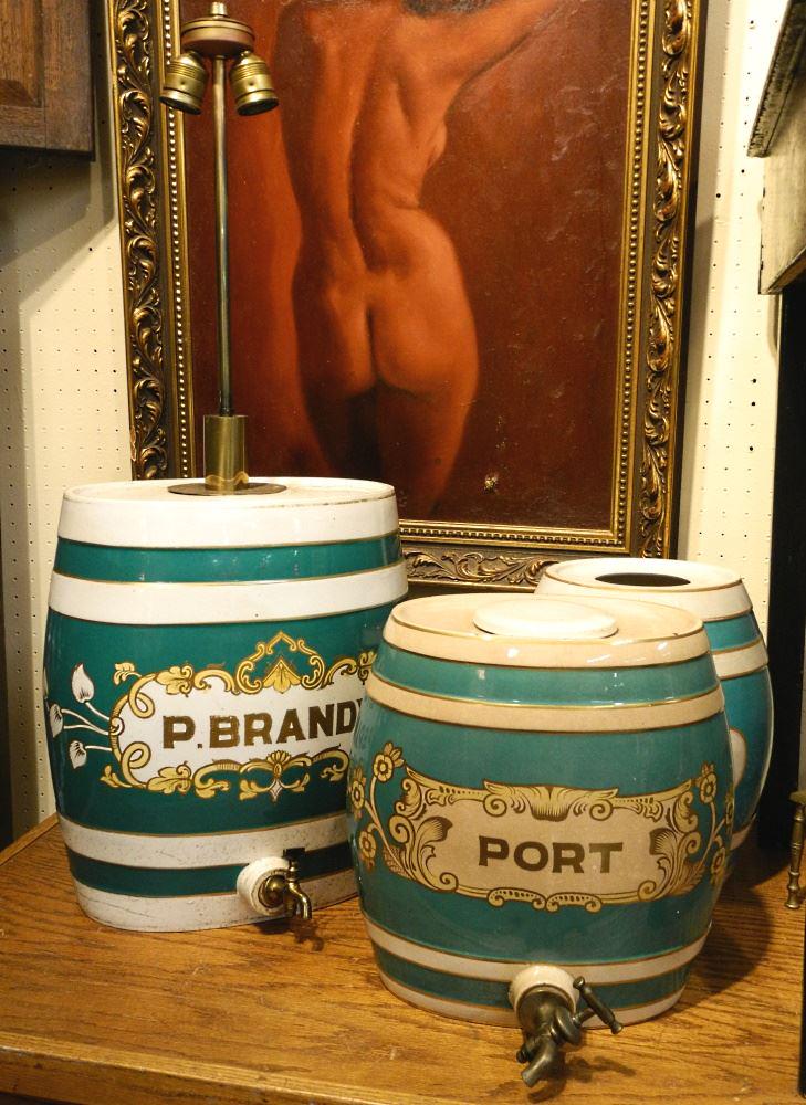 3 English Pottery Liquor Barrels: P.Brandy/ Sherry/ Port, One as a Lamp, 15 3/4" High (1 of 2)