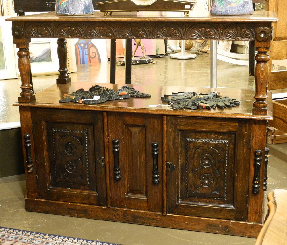 Carved Oak Tiered Side Cabinet, 45 1/2" Wide. (1 of 2)