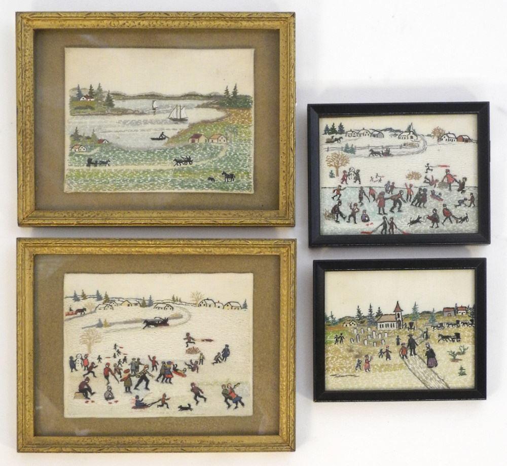 4 Folk Art Pictorial Needleworks, framed- largest 4 1/2" x 6" (1 of 1)