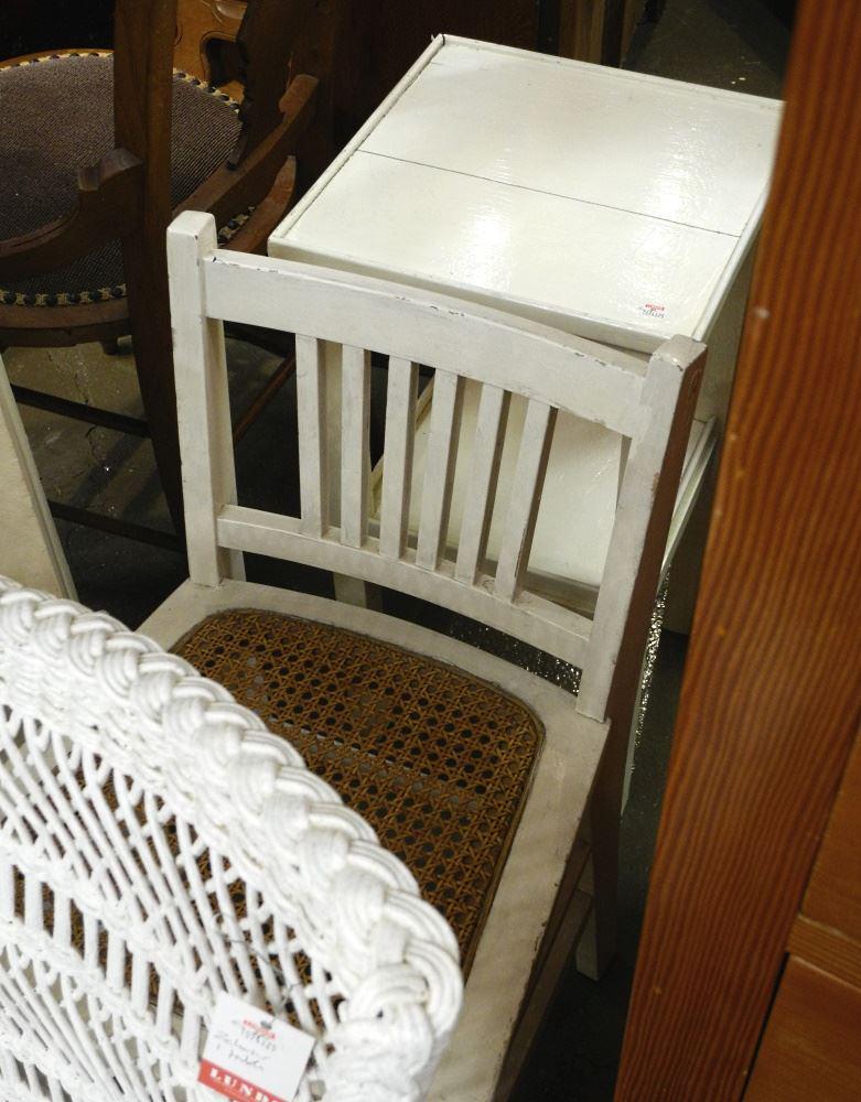 3 Vintage White Painted Furniture Items; 2 chrs./ end table. (1 of 2)