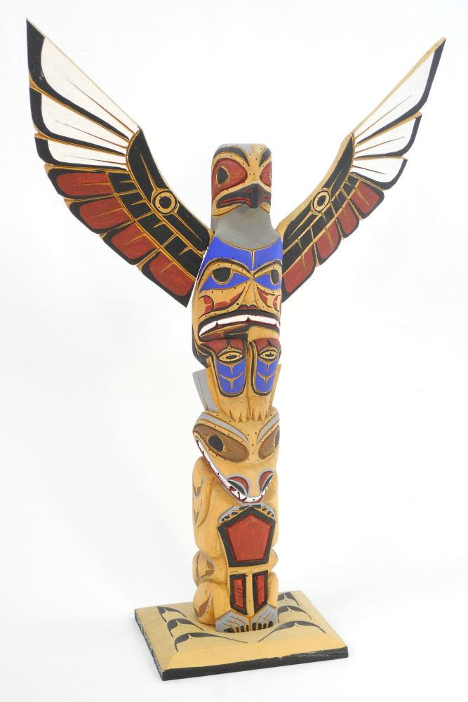 Nuu-Chah-Nulth Model Totem Pole Signed Harvey Williams, 22 5/8" x 15 3/4". (1 of 3)