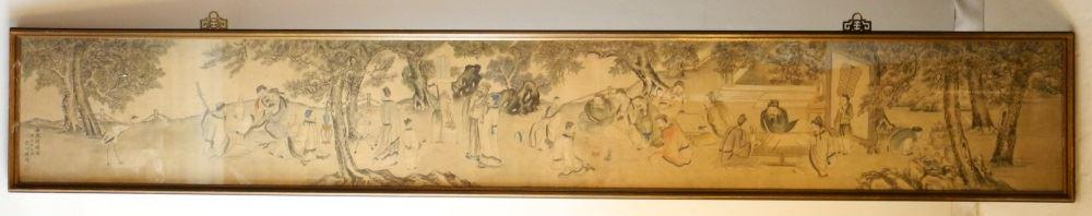 Chinese Ink & Colour on Silk "Scholars" Painting, 11 3/4 x 84 1/2" (1 of 10)