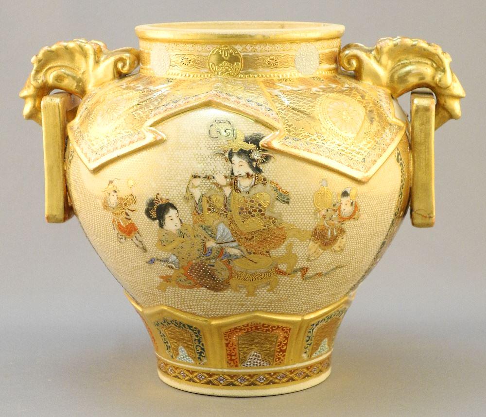 Satsuma Handled Vase (handle restored/no cover), 6 1/4" x 7 3/4" x 6". (1 of 3)